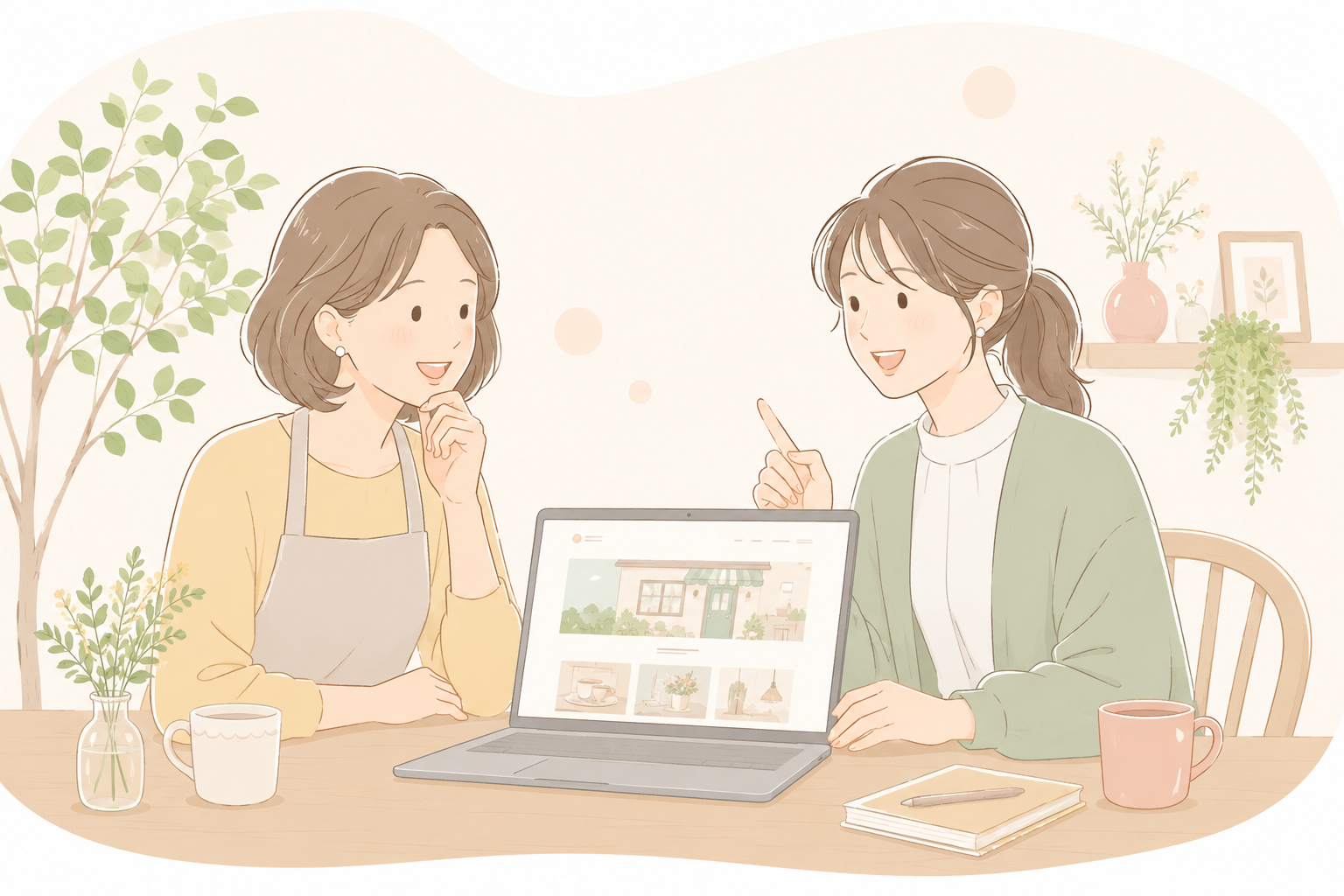 ホームページの雰囲気を見ながら相談しているやさしいイラスト